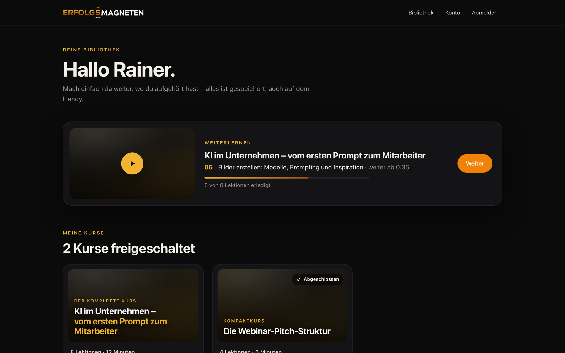 Die Kursbibliothek einer Akademie: Weiterlernen-Kachel und freigeschaltete Kurse